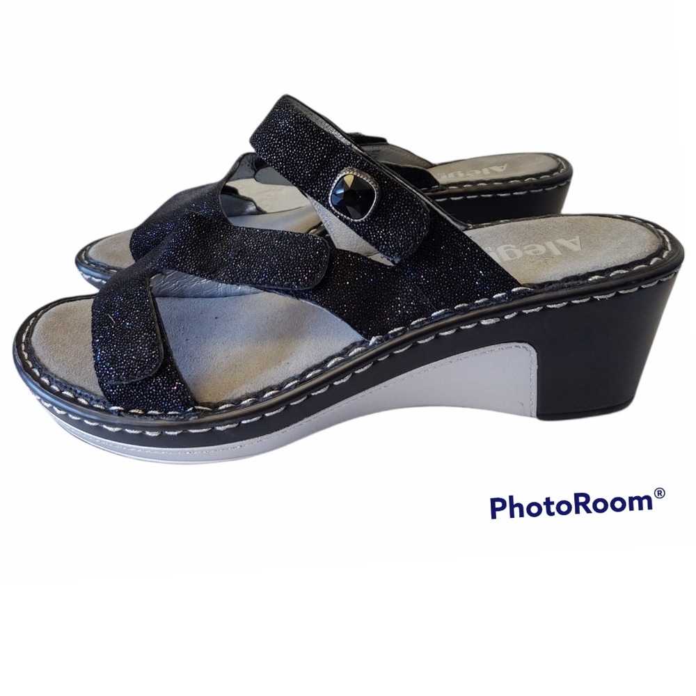 Alegria Loti Glitteroti Sandals Black Wedge Slide Sz 9 - Picture 3 of 10